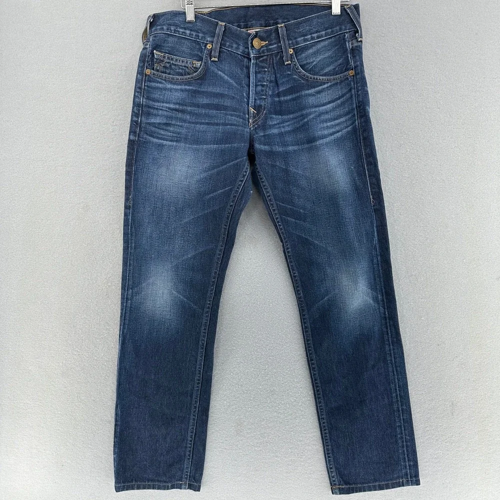 True Religion Geno Jeans Made In USA Dark Wash Denim 32x29 Whiskers Fade Leather - Picture 2 of 10